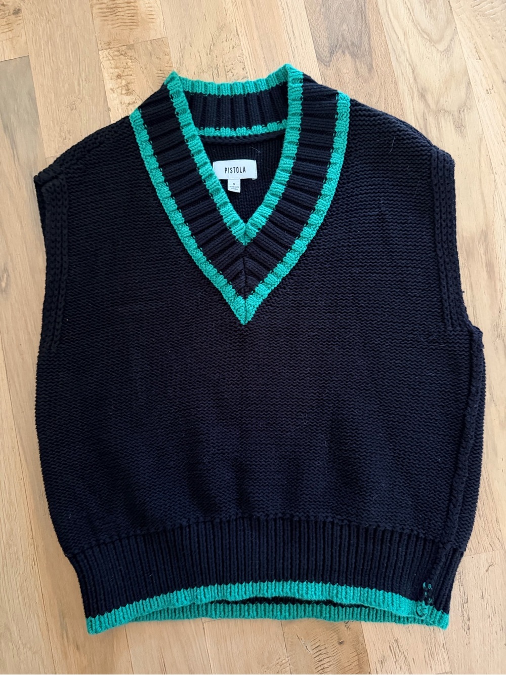 PISTOLA Women’s Black Knit V-Neck Sweater Vest with Green Trim